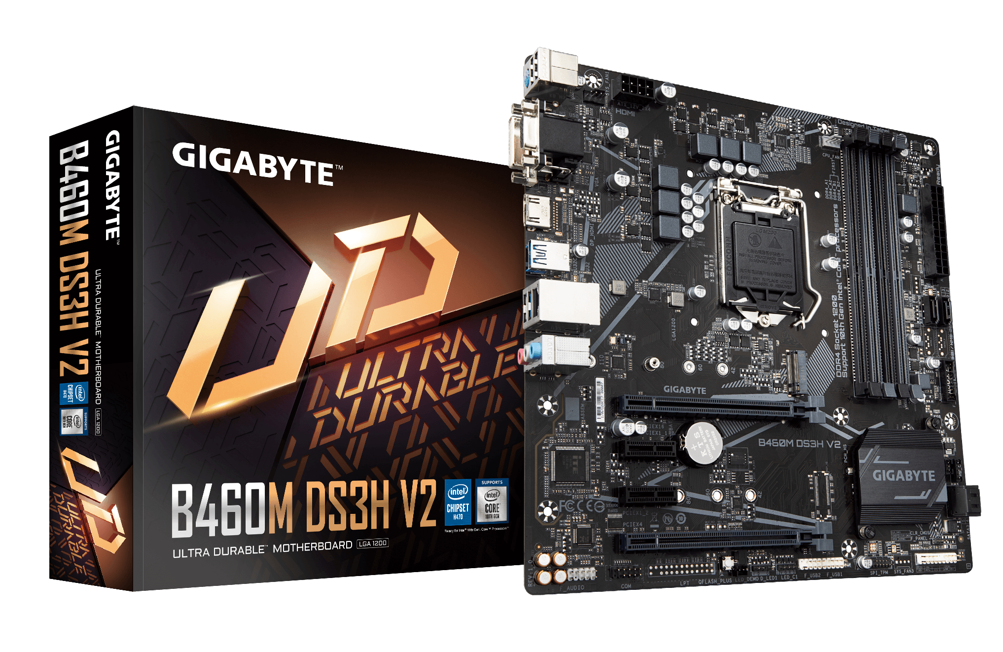 Gigabyte B460M DS3H V2 - 10 - placa base - micro ATX - Socket LGA1200 - B460 Chipset - USB 32 Gen 1 - Gigabit LAN - Tarjeta gráfica CPU necesaria - HD Audio 8-canales - GIGABYTE